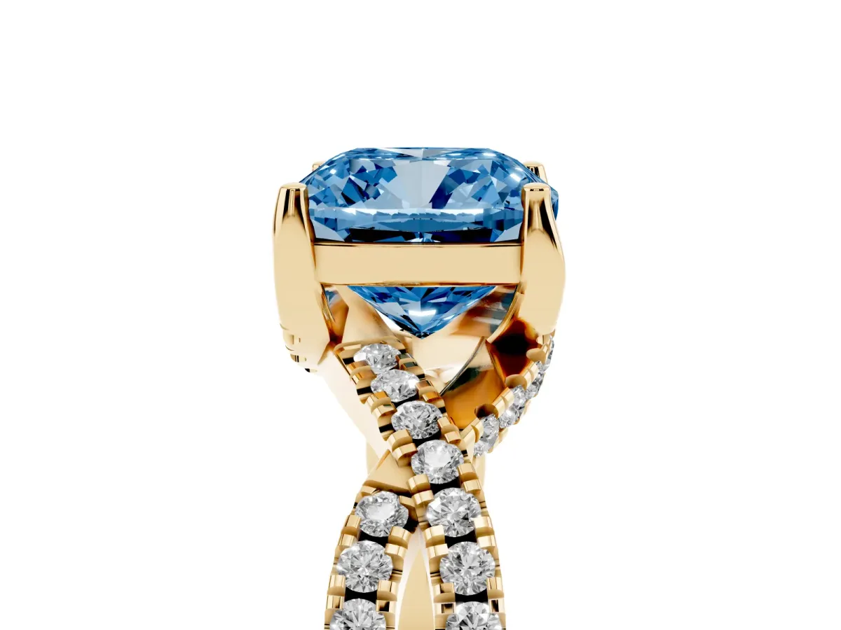 Fancy Blue Cushion Cut Solitaire Twist Pave Diamond Engagement Ring with Prong Setting Yellow gold