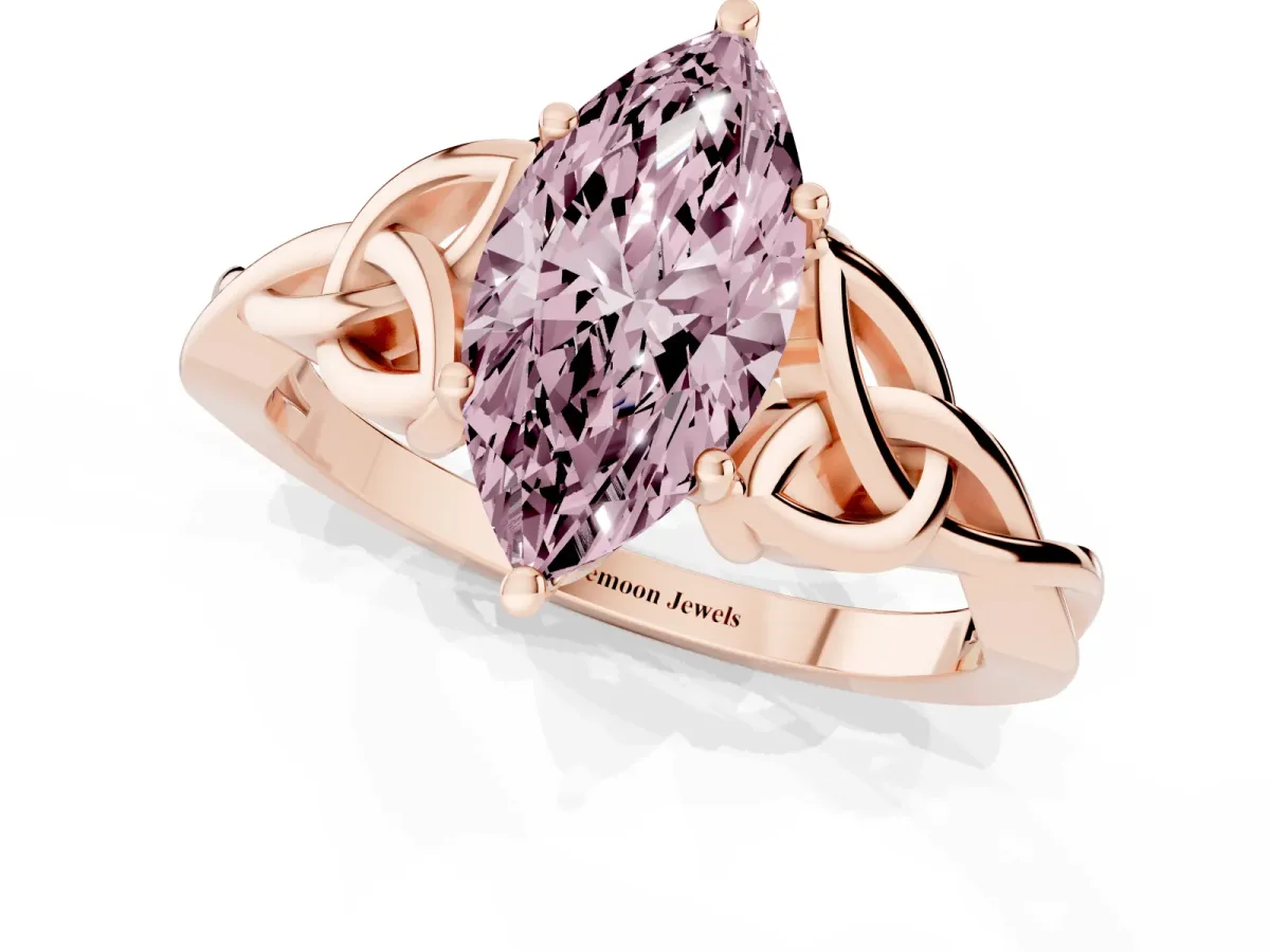 Fancy Pink Marquise Cut Diamond Solitaire Engagement Ring with Celtic Knot Band and Four-Prong Setting Rose gold