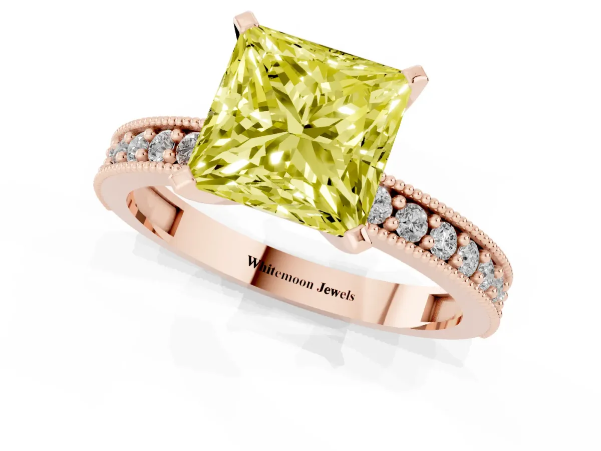 Fancy Yellow Princess Cut Diamond Milgrain Pavé Engagement Ring with Four-Prong Setting Rose gold