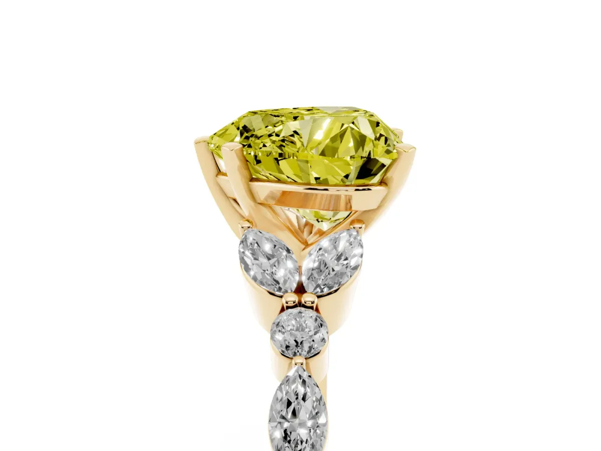 Fancy Yellow Heart Cut Diamond Solitaire Ring with Side Stones and Four-Prong Setting Yellow gold