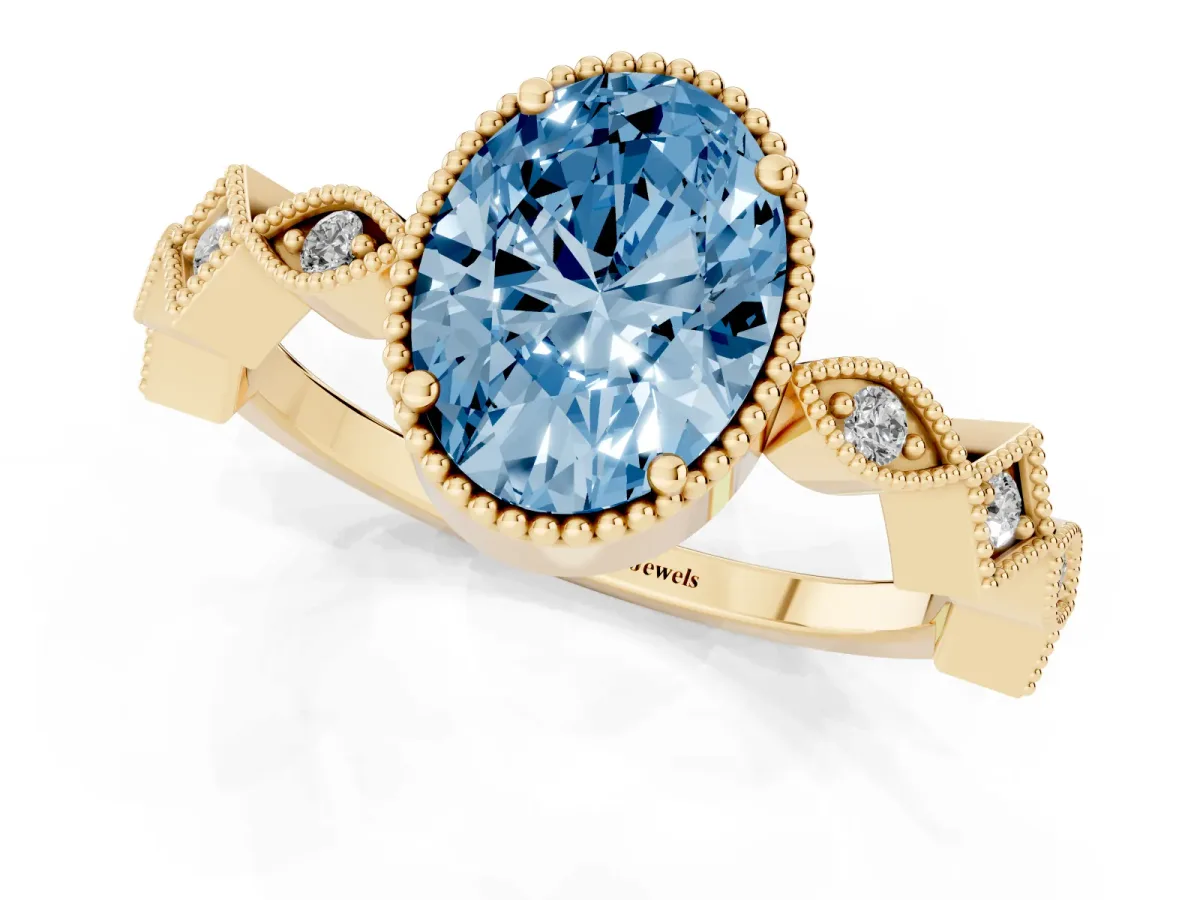 Fancy Blue Oval Cut Milgrain Marquise Diamond Twist Band Ring Yellow gold