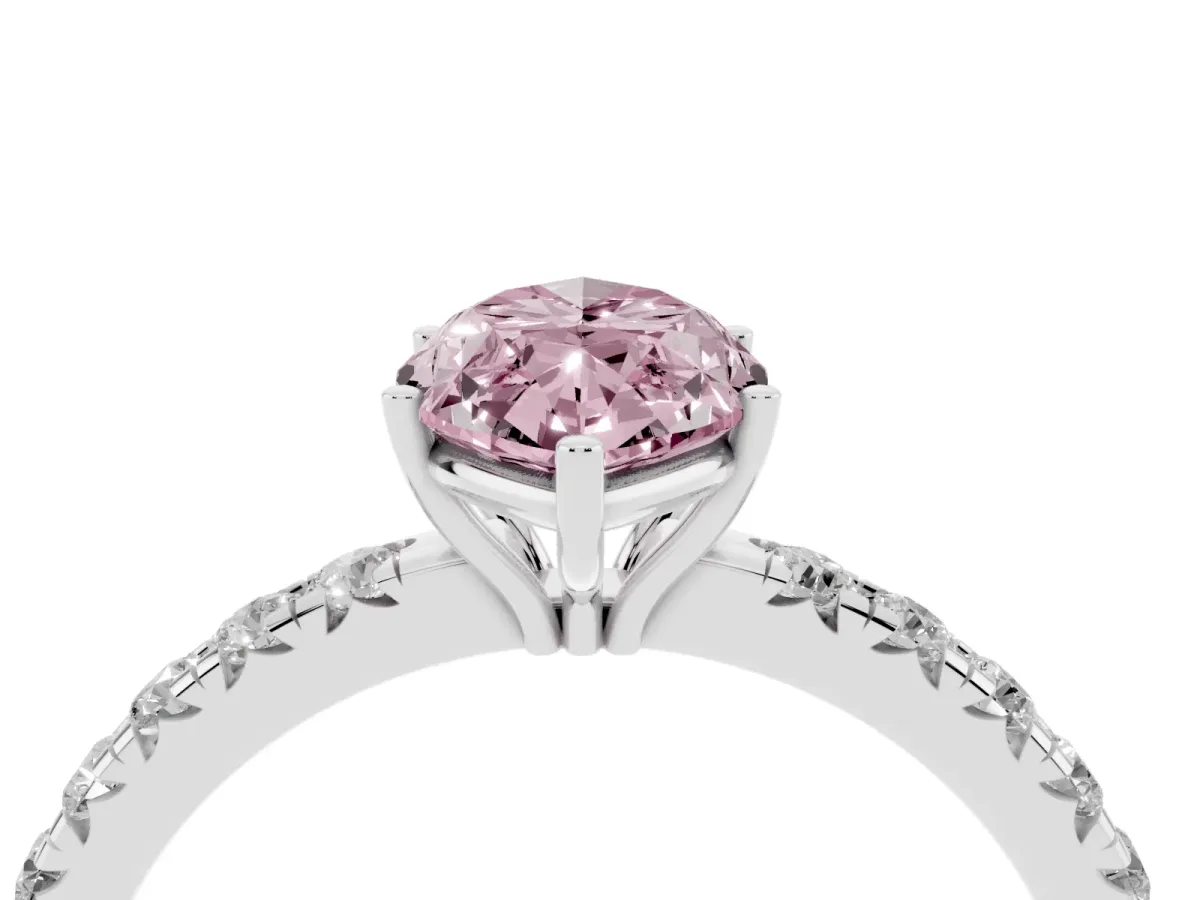 Fancy Pink Marquise Cut Diamond Pavé Solitaire Engagement Ring with Four-Prong Setting Silver