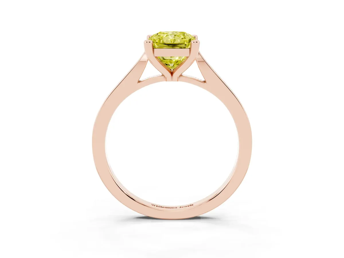 Fancy Yellow Radiant Cut Solitaire Diamond Ring with Four-Prong Setting and Tapered Band Rose gold