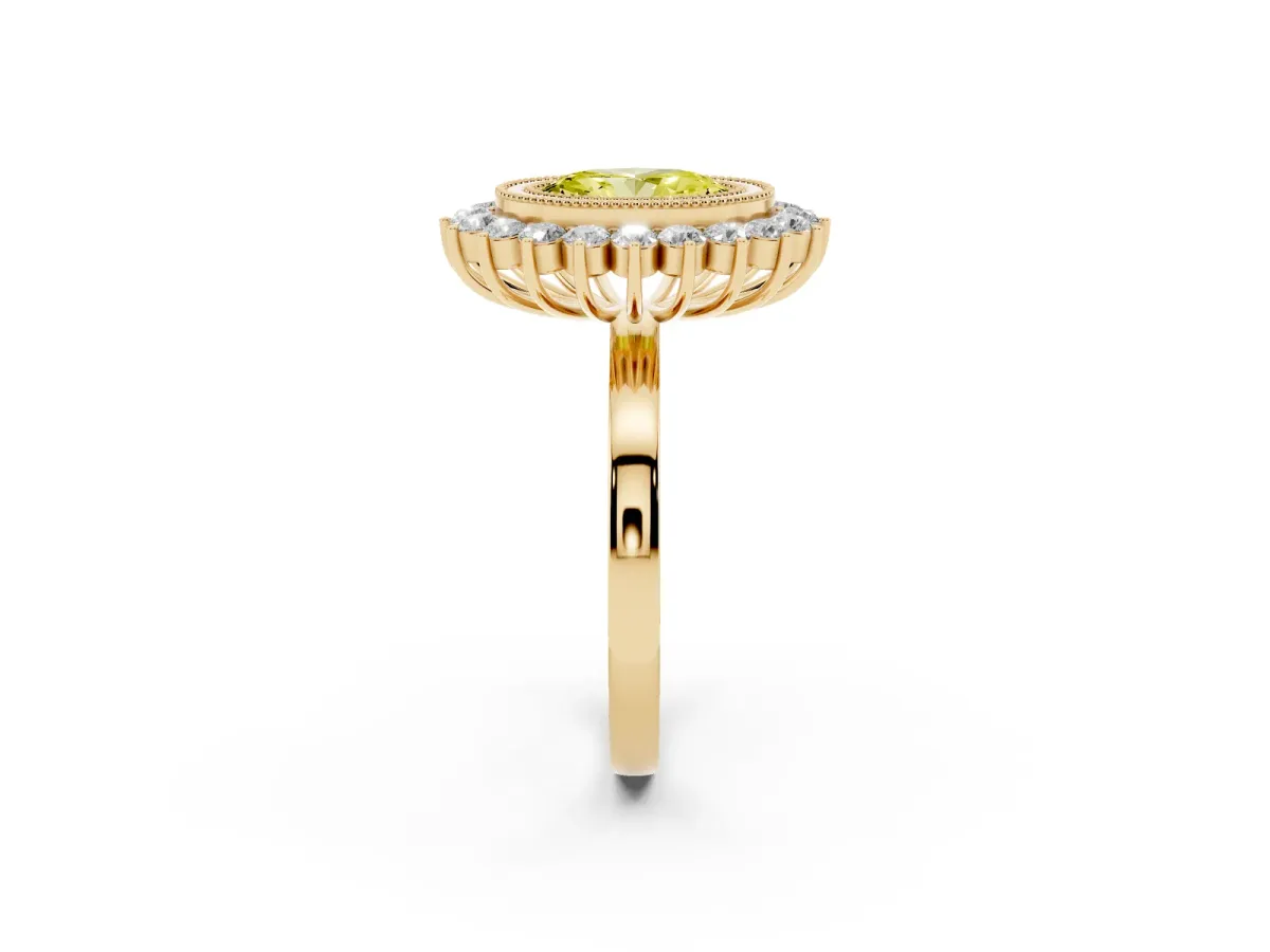 Fancy Yellow Oval Cut Halo Diamond Ring with Milgrain Edge and Round Prong Setting Yellow gold