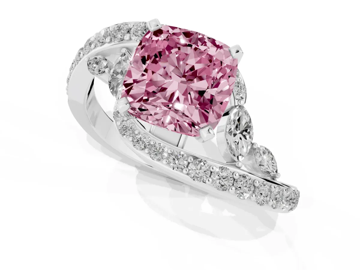 Fancy Pink Cushion Cut Solitaire with Pavé Twist Band and Four-Prong Setting Platinum