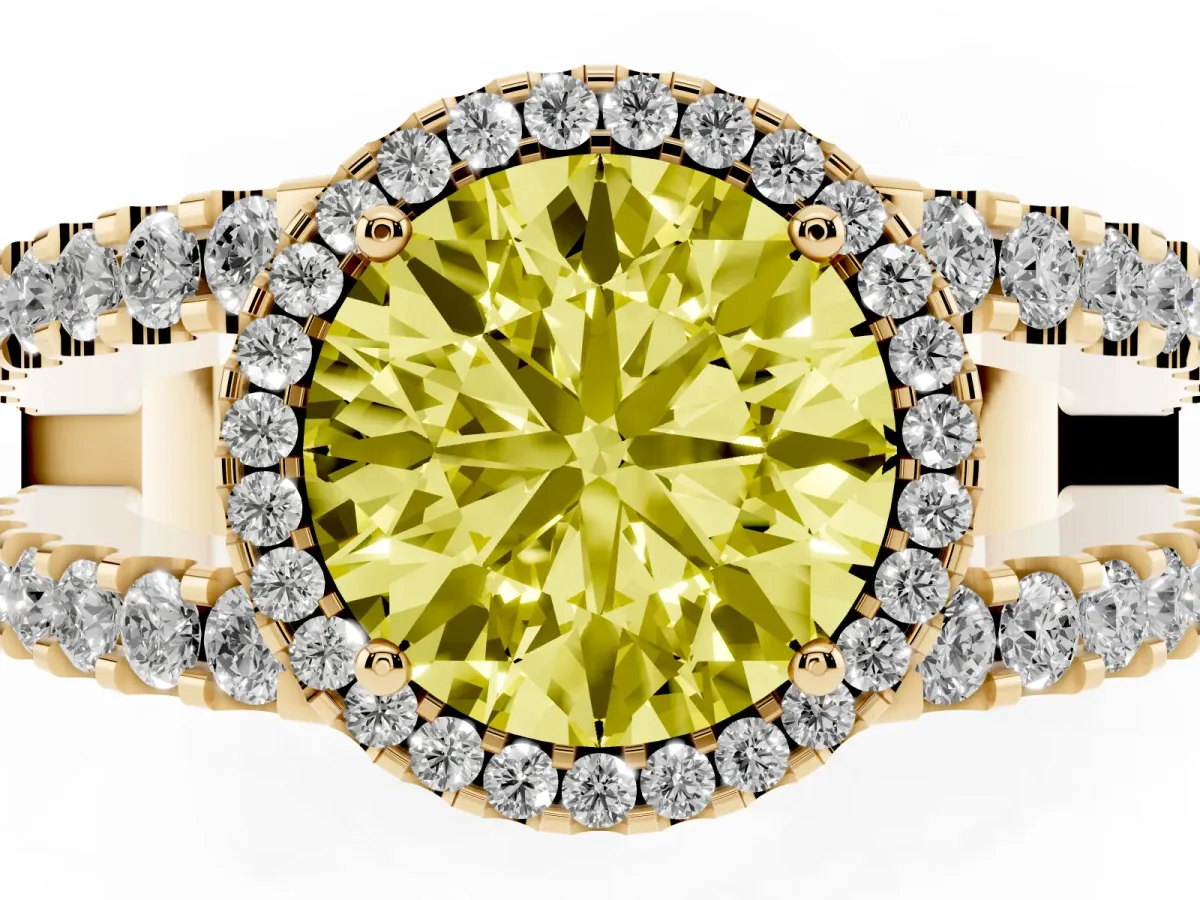 Fancy Yellow Round Cut Cut Halo Split Shank Diamond Ring with Four-Prong Setting Yellow gold