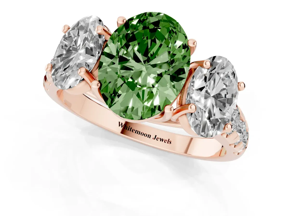 Fancy Green Three-Stone Oval Cut Diamond Pavé Band with Prong Setting Rose gold