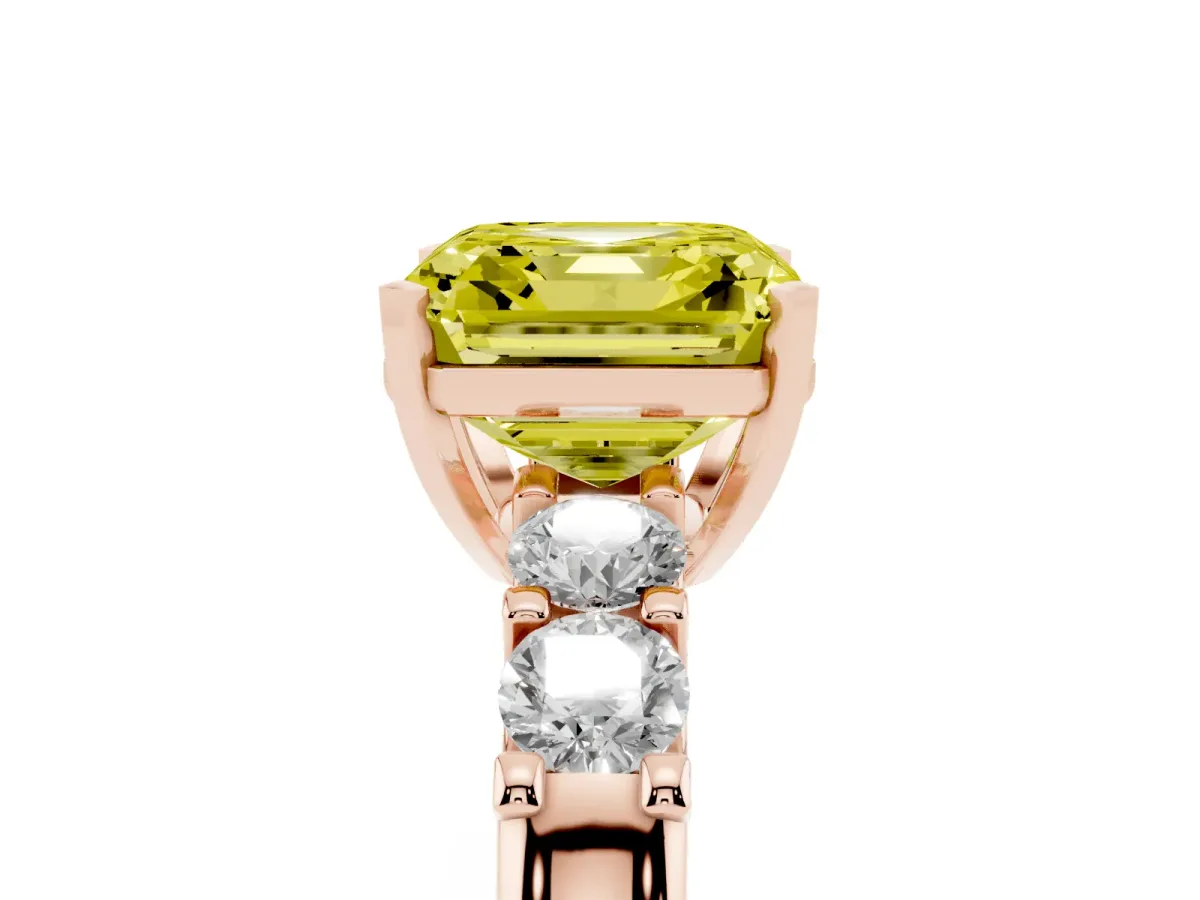 Fancy Yellow Asscher Cut Brilliant Cut Diamond Five-Stone Prong Set Engagement Ring with Channel Band Rose gold