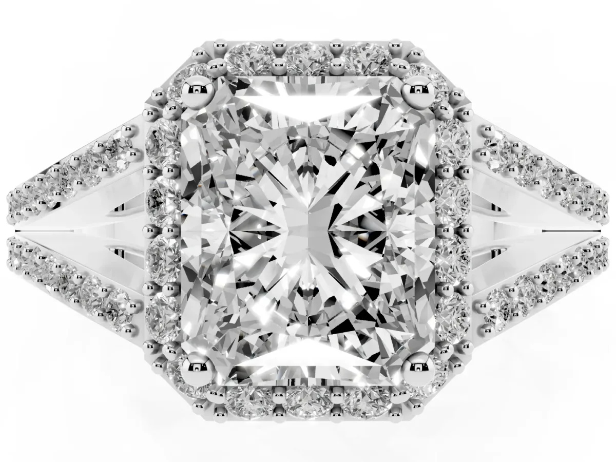 Radiant Cut Halo Split Shank Diamond Ring with Prong Setting Silver