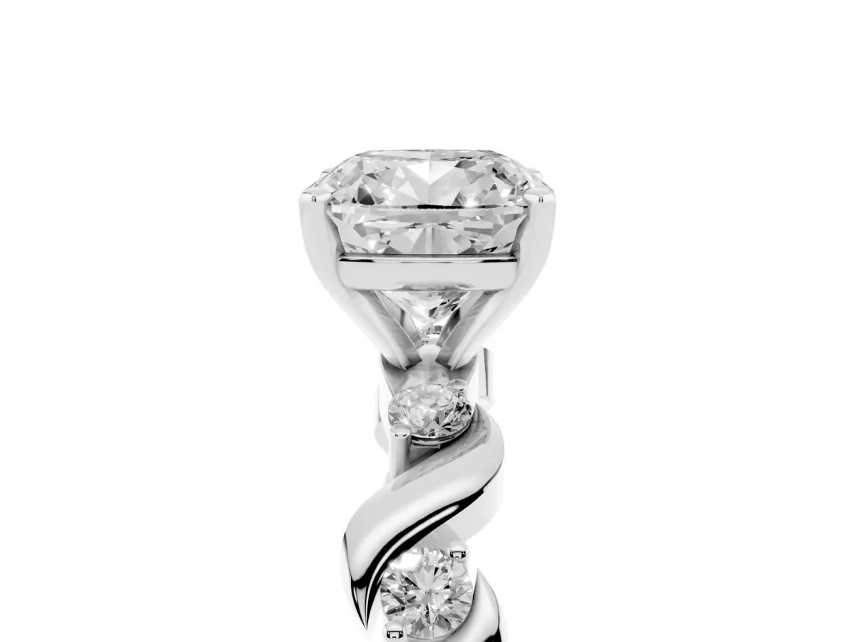Cushion Cut Diamond Solitaire Twisted Band with Round Accents and Prong Setting White gold