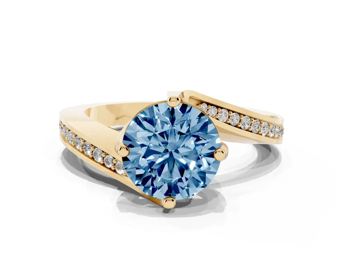 Fancy Blue Round Cut Solitaire Diamond Twist Band with Pavé Setting and Four-Prong Setting Yellow gold