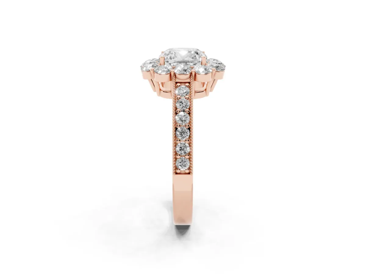 Cushion Cut Cut Halo Diamond Pavé Engagement Ring with Milgrain Detailing Rose gold