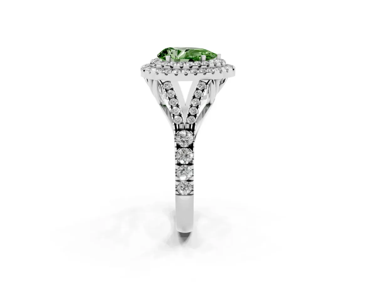 Fancy Green Pear Cut Diamond Double Halo Ring with Split Shank and Prong Setting Silver