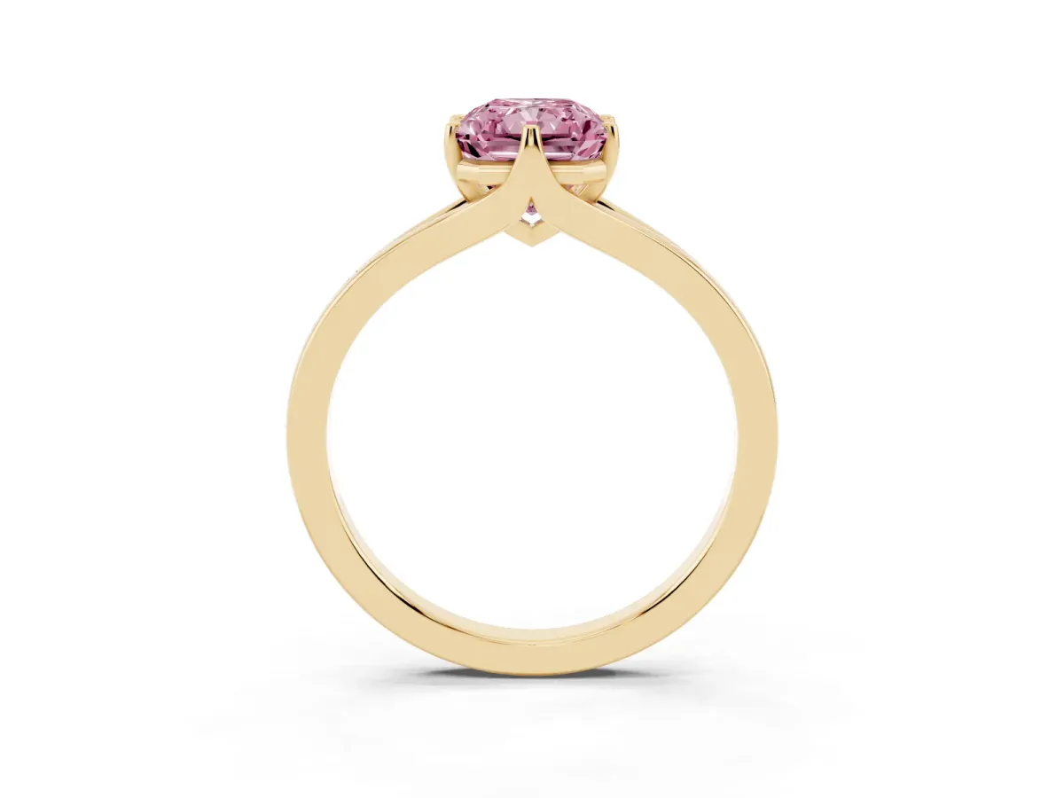 Fancy Pink Radiant Cut Solitaire Diamond Ring with Six-Prong Setting and Tapered Band Yellow gold
