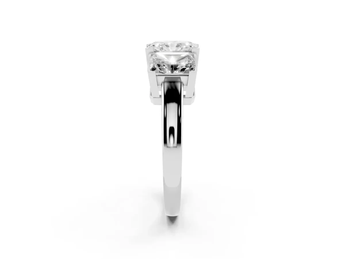 Three-Stone Radiant Cut Cut Diamond Ring with Channel Set Band and Four-Prong Setting Silver