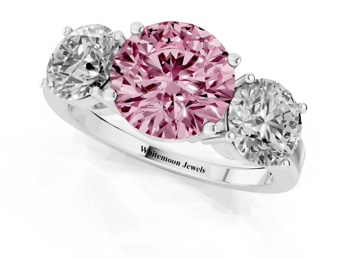Fancy Pink Three-Stone Round Cut Cut Diamond Engagement Ring with Flat Band and Four-Prong Setting Silver