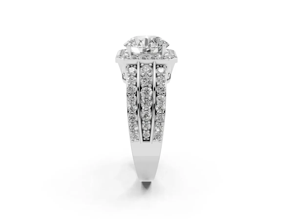 Round Cut Halo Diamond Ring with Round Split Shank and Prong Setting Silver