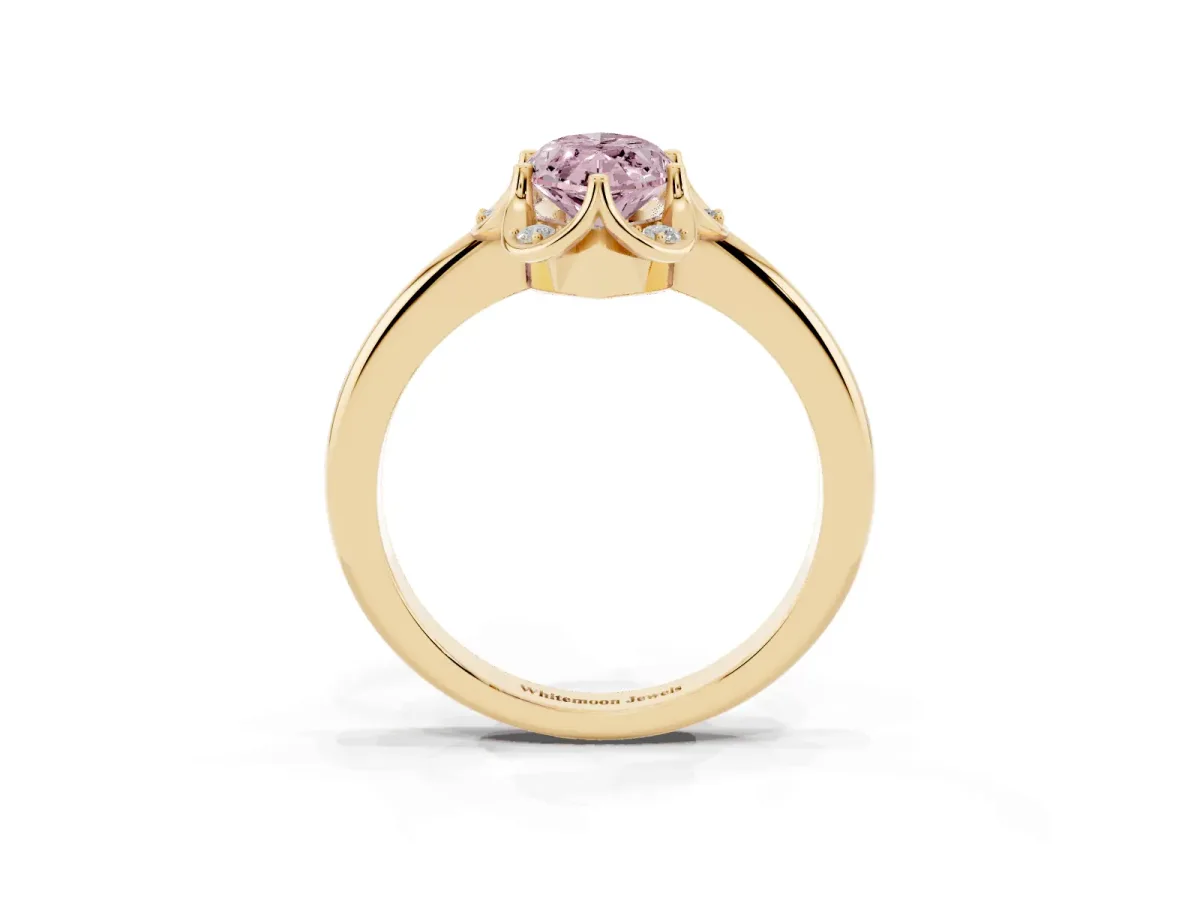 Fancy Pink Marquise Cut Halo Diamond Ring with Round Cluster Setting, Solitaire Band, and Four-Prong Setting Yellow gold