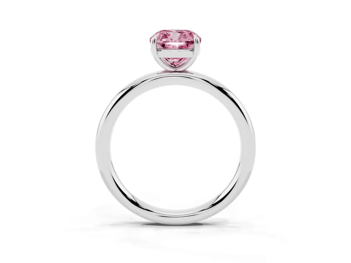 Fancy Pink Cushion Cut Solitaire Diamond Ring with Four-Prong Setting on a Plain Band Silver