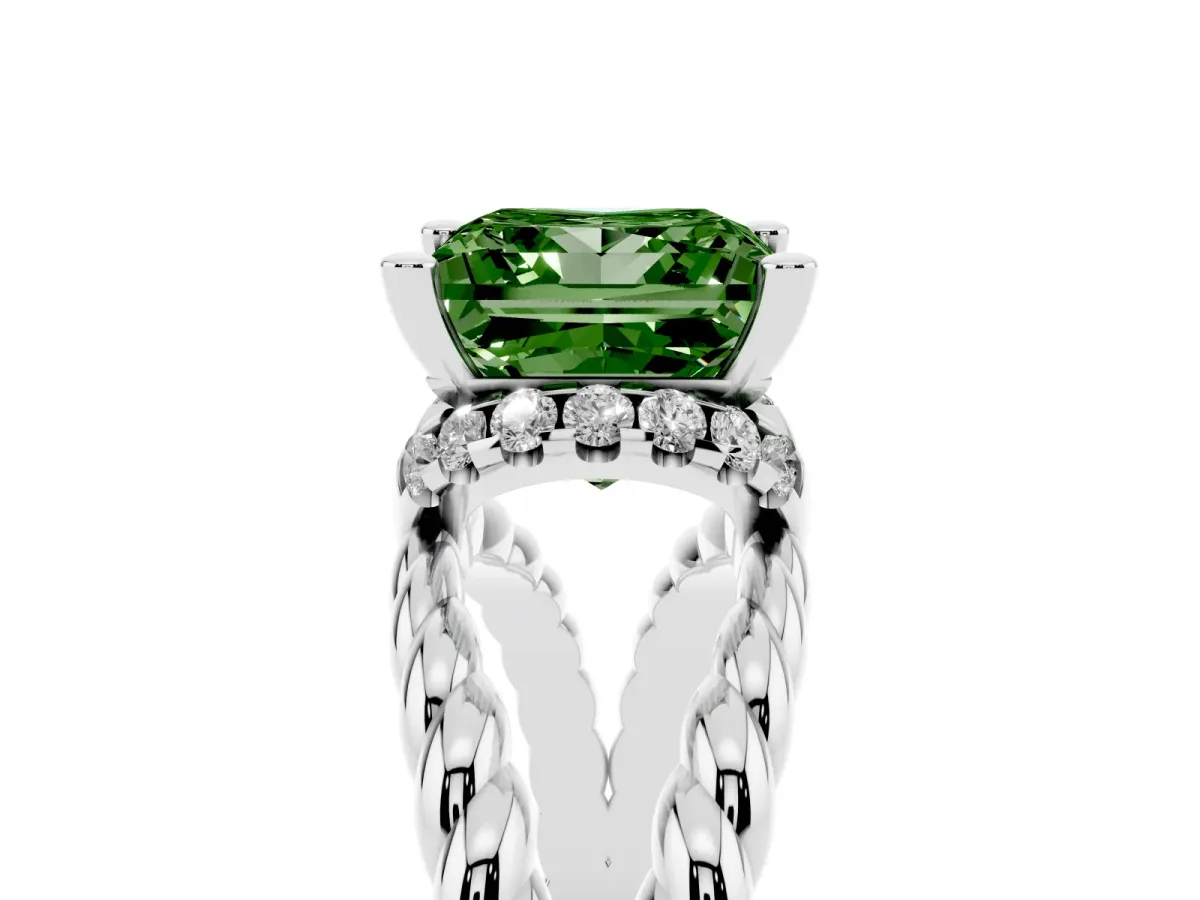 Fancy Green Princess Cut Halo Twisted Band Four-Prong Ring White gold