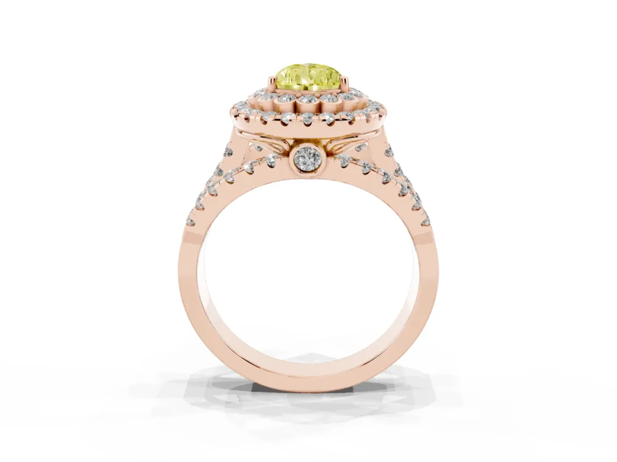 Fancy Yellow Pear Cut Diamond Double Halo Ring with Round Pavé Split Shank and Prong Setting Rose gold
