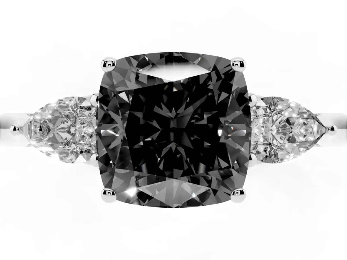 Fancy Black Cushion Cut Diamond Three-Stone Ring with Pear Side Stones and Prong Setting Silver