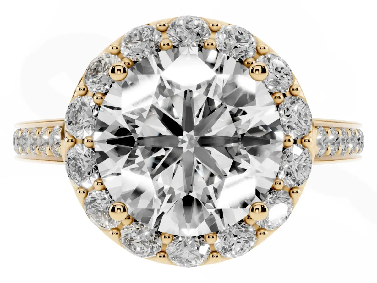 Round Cut Diamond Floral Halo Ring with Pavé Band and Prong Setting Yellow gold
