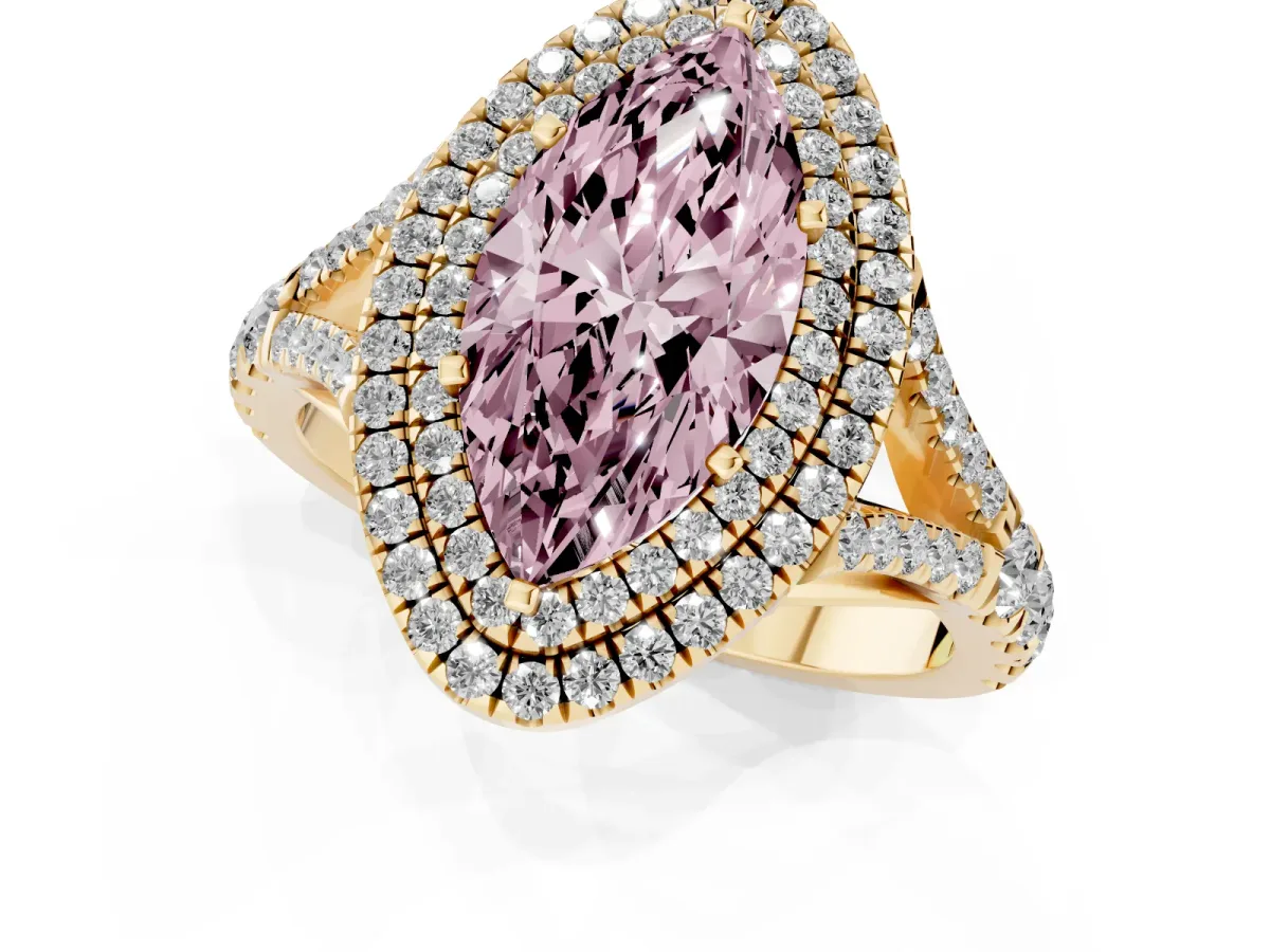 Fancy Pink Double Halo Marquise Cut Diamond Split Shank Engagement Ring with Four-Prong Setting Yellow gold