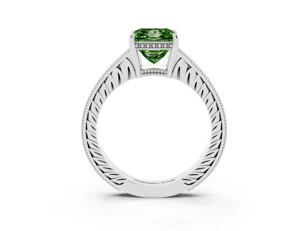 Fancy Green Princess Cut Solitaire Pavé Diamond Milgrain Engagement Ring with Four-Prong Setting Silver
