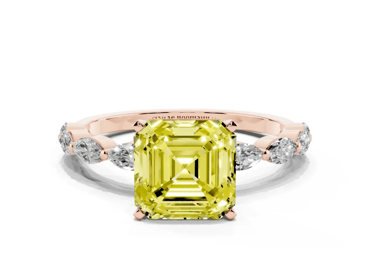 Fancy Yellow Asscher Cut Diamond Ring with Marquise Side Stones and Prong Setting Rose gold
