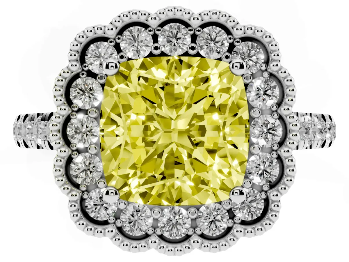 Fancy Yellow Cushion Cut Cut Diamond Milgrain Floral Halo Engagement Ring with Pavé Band White gold