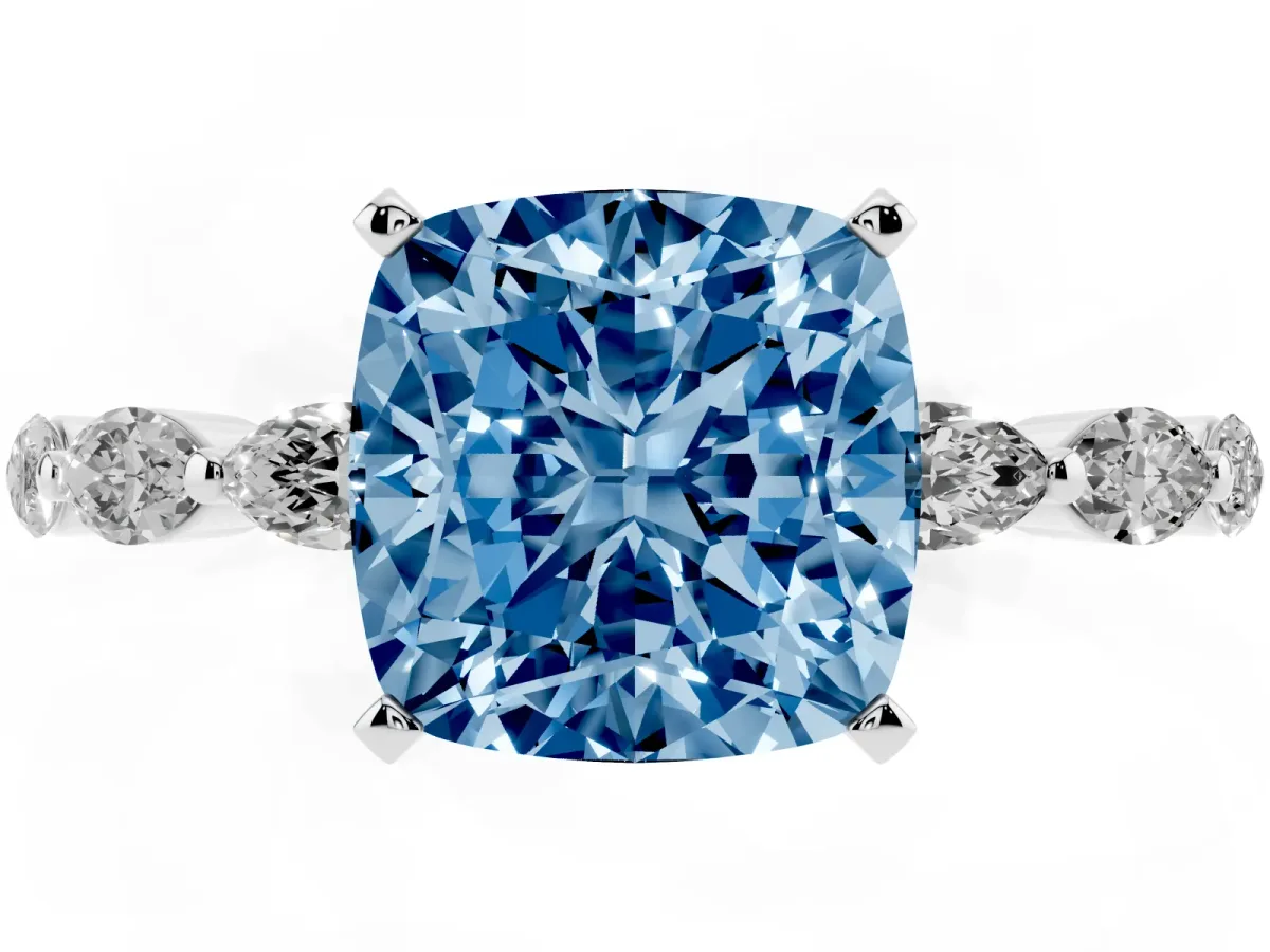 Fancy Blue Cushion Cut Diamond Ring with Marquise Side Stones and Prong Setting White gold