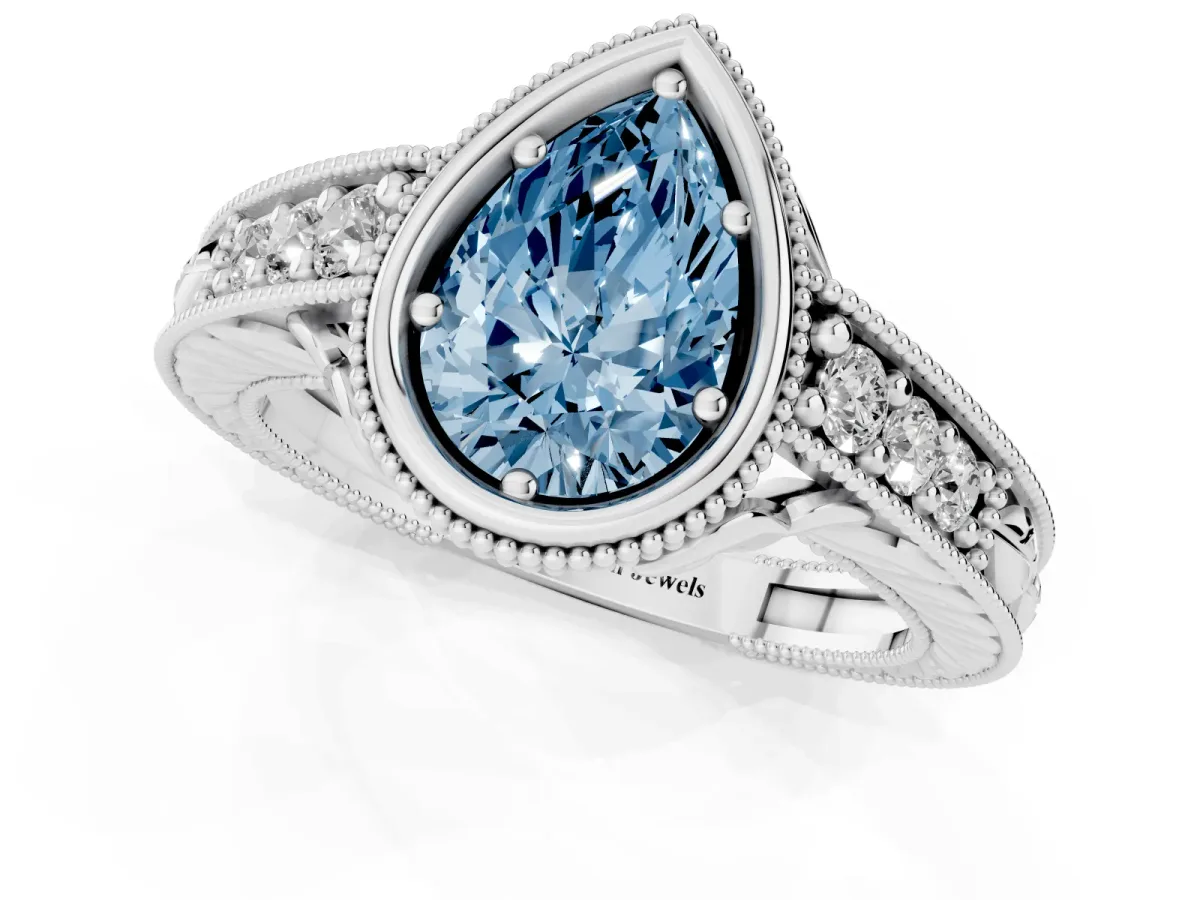 Fancy Blue Bezel Set Pear Cut Diamond Milgrain Pave Engagement Ring White gold