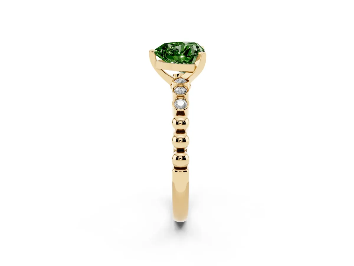 Fancy Green Heart Cut Solitaire Bezel Accent Diamond Engagement Ring with Beaded Band and Four-Prong Setting Yellow gold