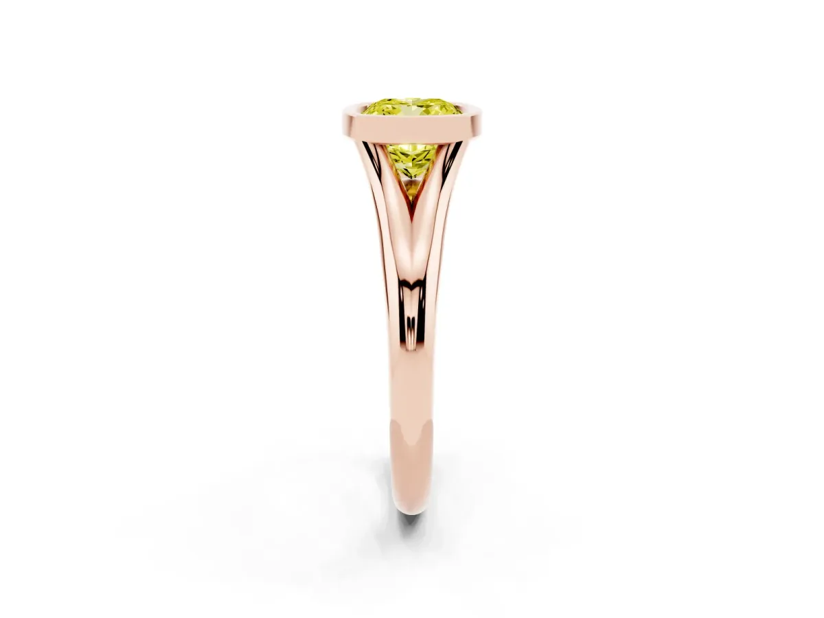 Fancy Yellow Bezel Set Cushion Cut Solitaire Diamond Ring with Smooth Band Rose gold