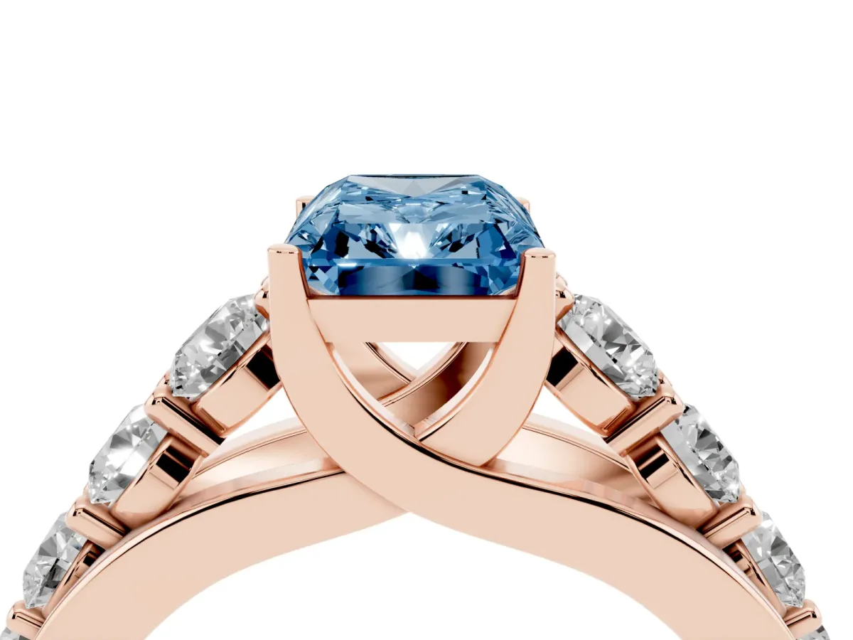 Fancy Blue Radiant Cut Diamond Engagement Ring with Pavé Band and Four-Prong Setting Rose gold