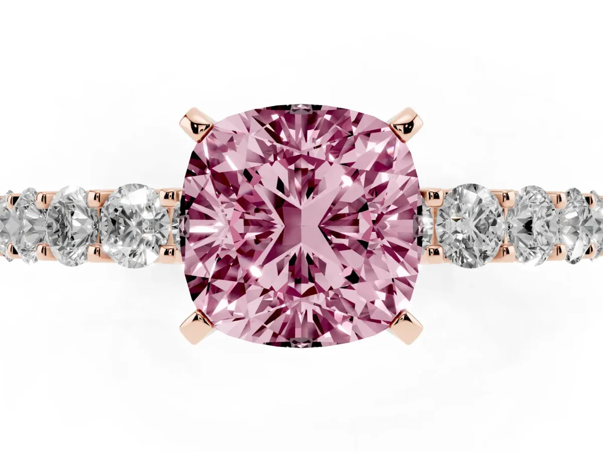 Fancy Pink Cushion Cut Diamond Solitaire Ring with Shared Prong Pavé Band and Four-Prong Setting Rose gold