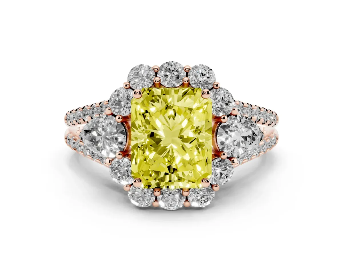 Fancy Yellow Radiant Cut Halo Split Shank Diamond Engagement Ring with Prong Setting Rose gold