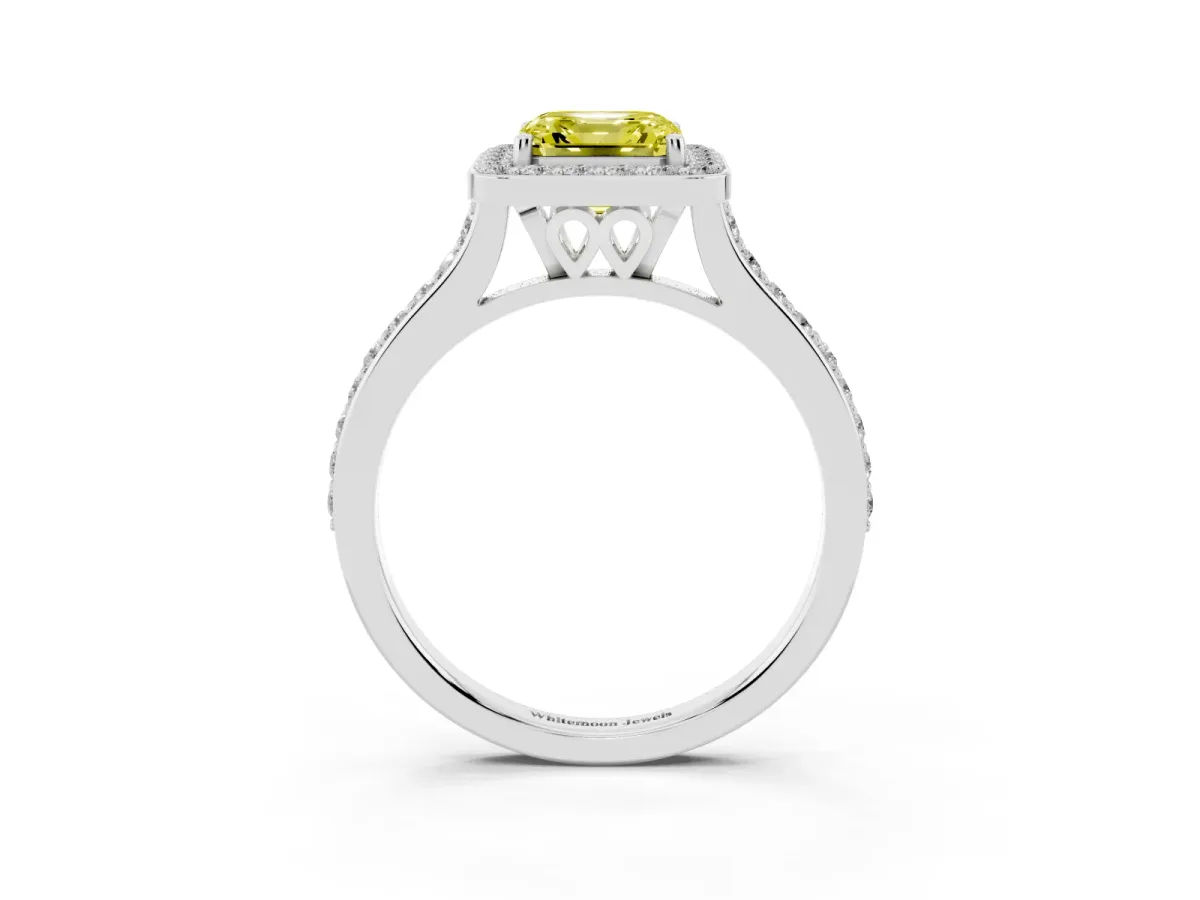 Fancy Yellow Asscher Cut Diamond Halo Engagement Ring with Round Pavé Shoulders and Prong Setting Silver