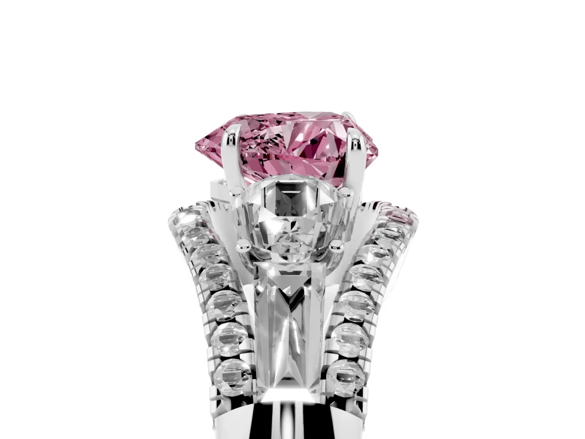 Fancy Pink Three-Stone Heart Cut Diamond Engagement Ring with Pave Band and Prong Setting Silver