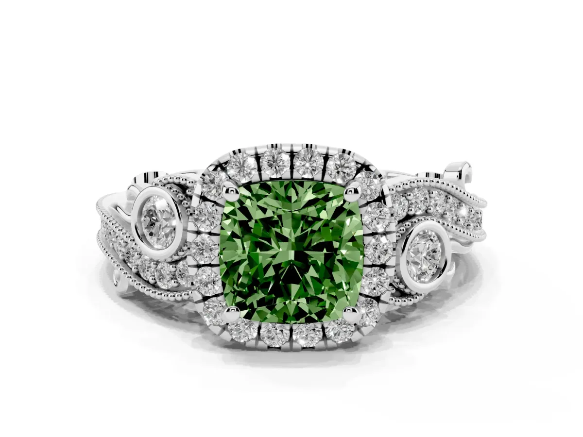 Fancy Green Cushion Cut Halo Diamond Ring with Milgrain and Bezel Accents on a Split Shank Band White gold