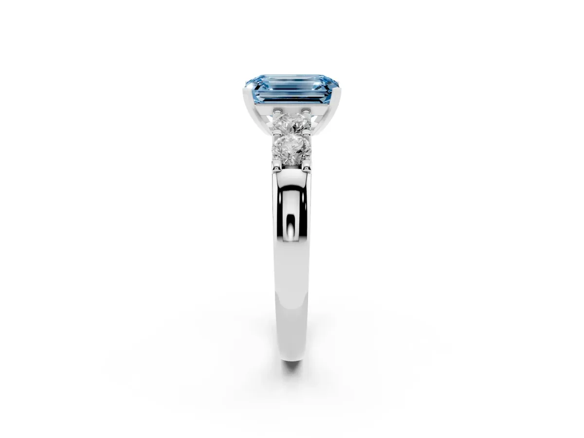 Fancy Blue Emerald Cut Brilliant Cut Diamond Five-Stone Prong Set Engagement Ring with Channel Band Silver