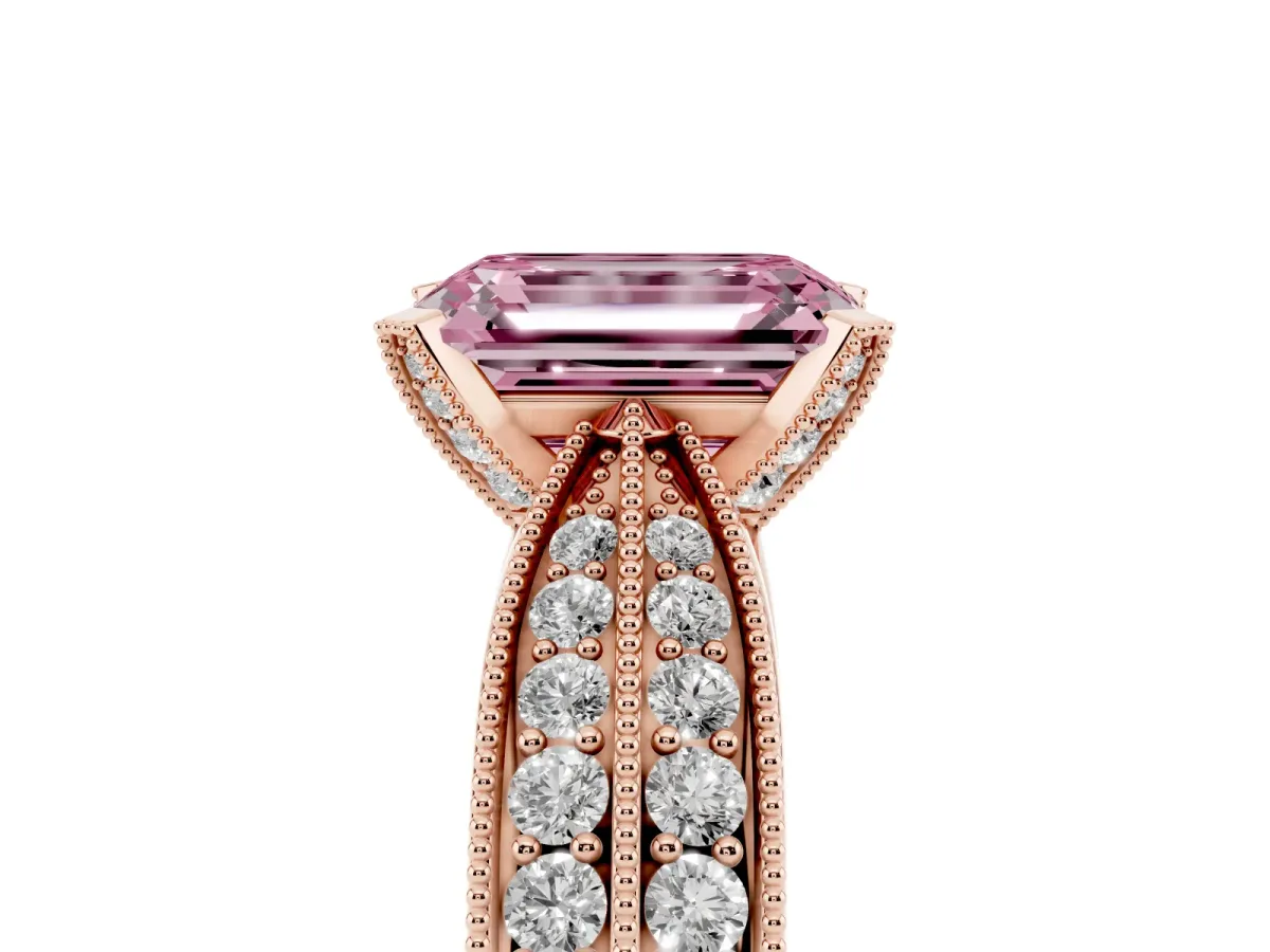Fancy Pink Emerald Cut Diamond Solitaire Ring with Milgrain Round Pavé Band and Prong Setting Rose gold