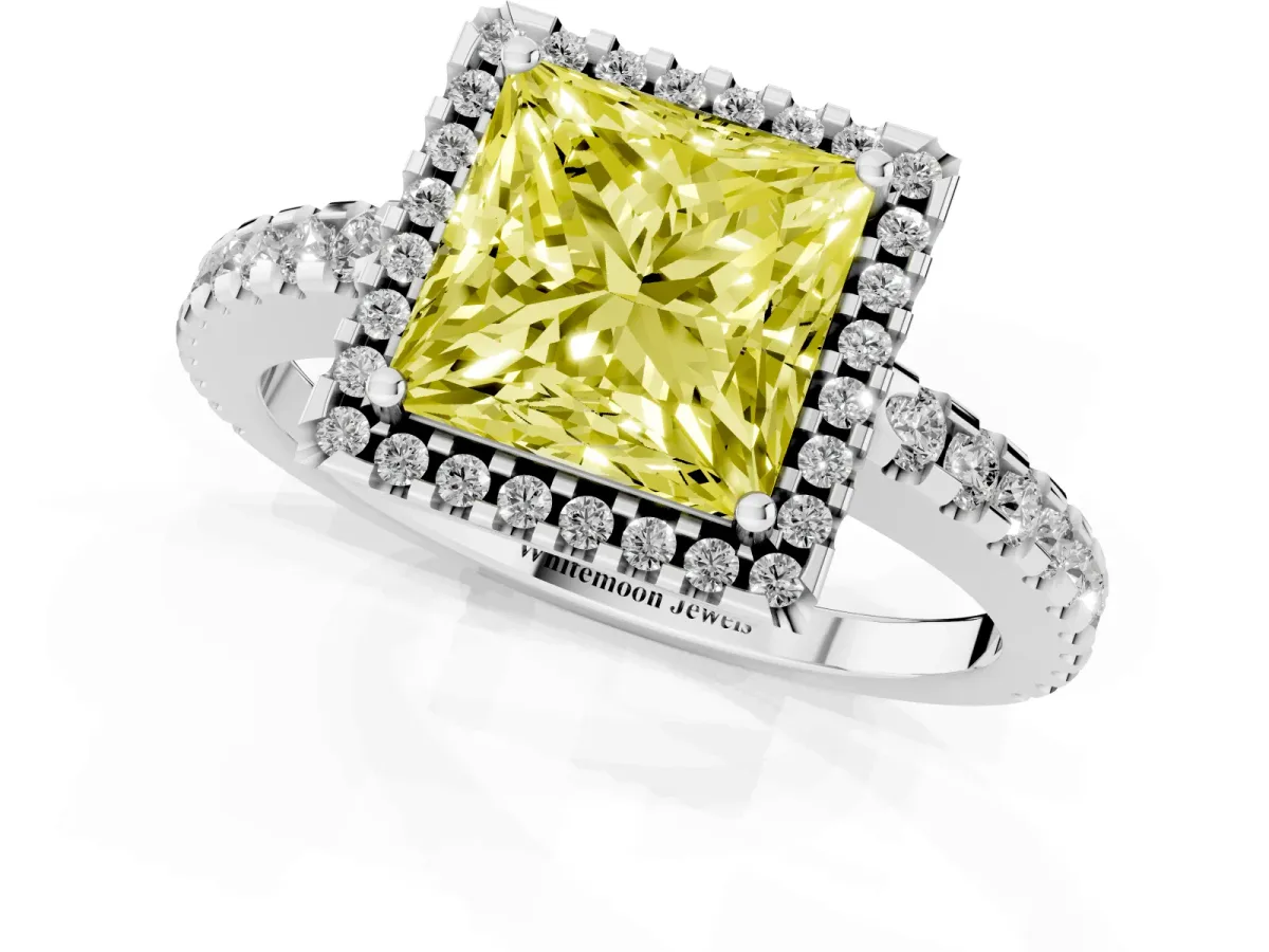 Fancy Yellow Princess Cut Diamond Halo Engagement Ring with Pavé Band and Prong Setting Silver