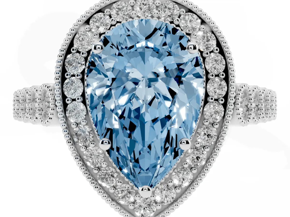 Fancy Blue Pear Cut Halo Milgrain Solitaire with Bezel Set Side Stones and Pave Band Silver
