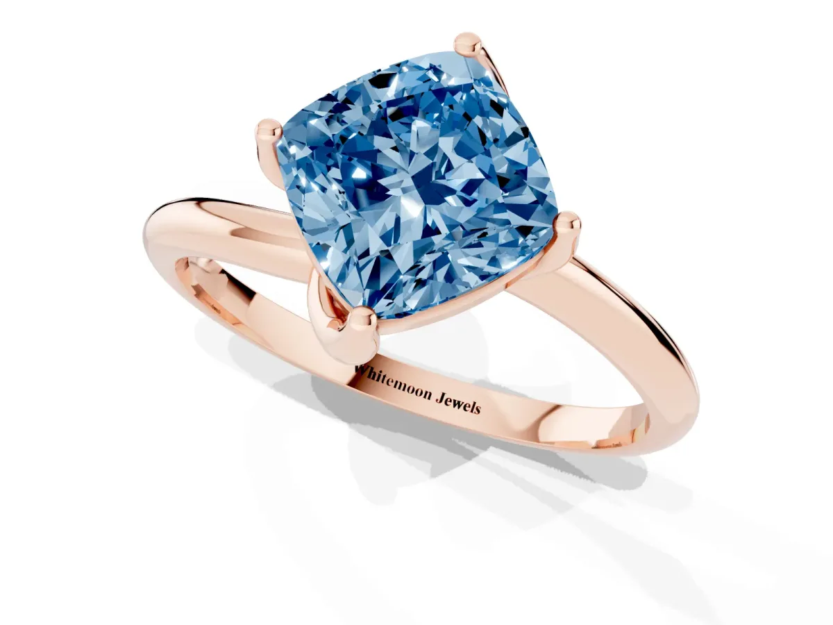 Fancy Blue Cushion Cut Diamond Solitaire Engagement Ring with Four-Prong Setting and Classic Band Rose gold