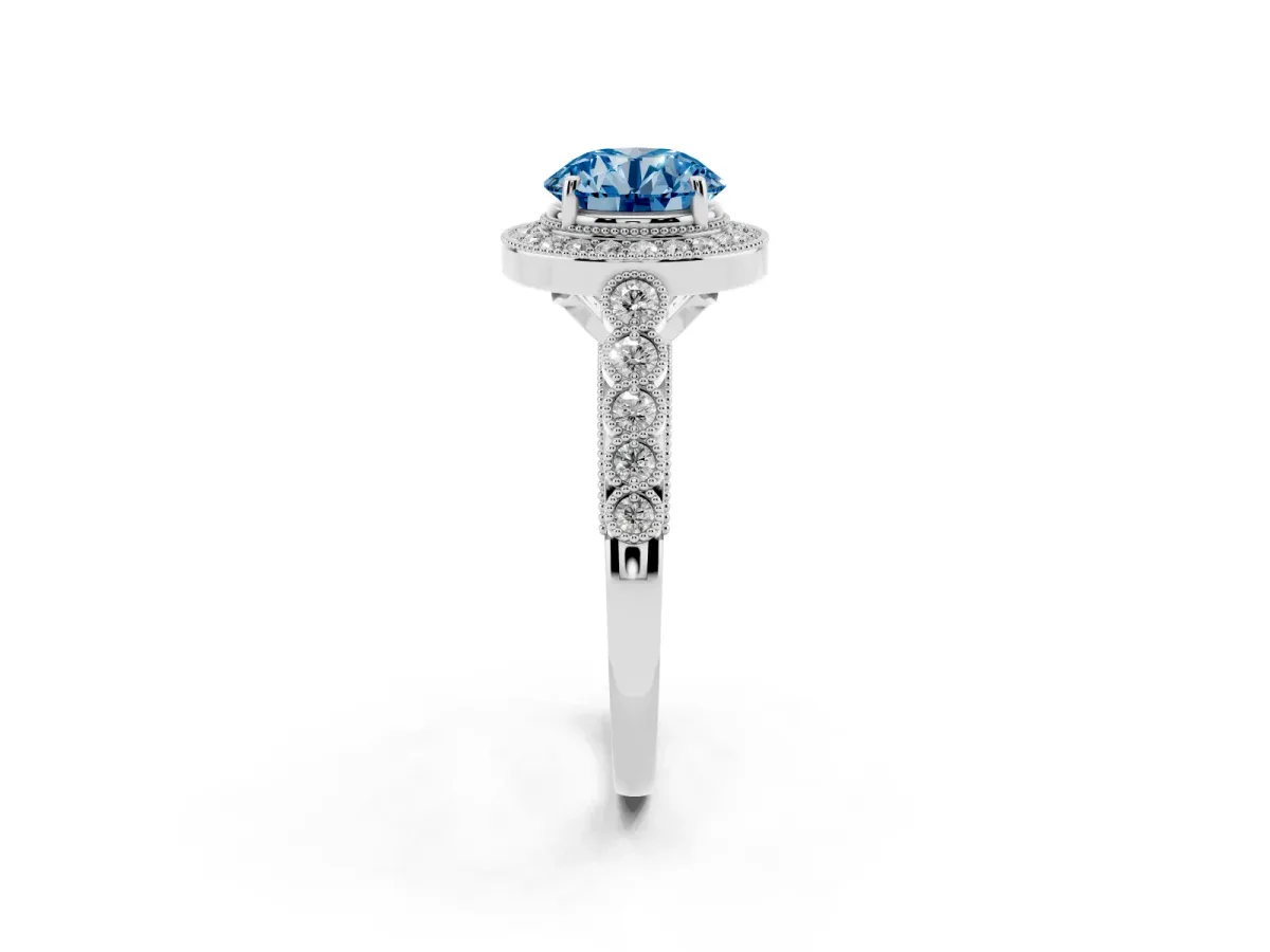 Fancy Blue Round Cut Halo Milgrain Solitaire with Bezel Set Side Stones and Pave Band Silver