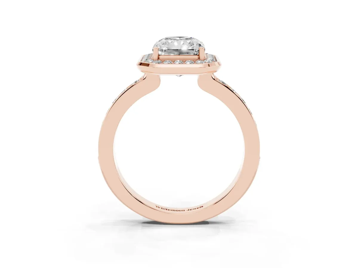 Radiant Cut Diamond Halo Ring with Bezel Frame and Pavé Band Rose gold