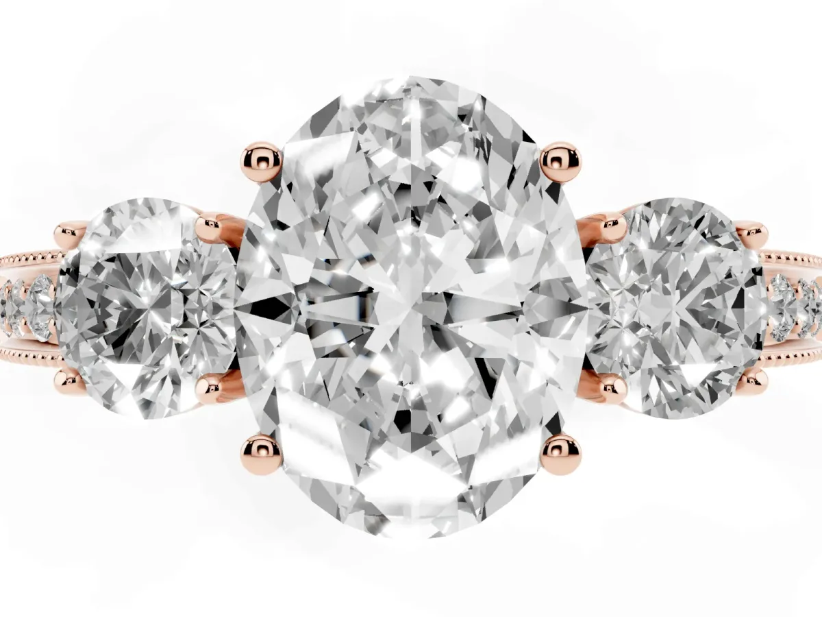 Oval Cut Three-Stone Diamond Ring with Pavé Band and Four-Prong Setting Rose gold