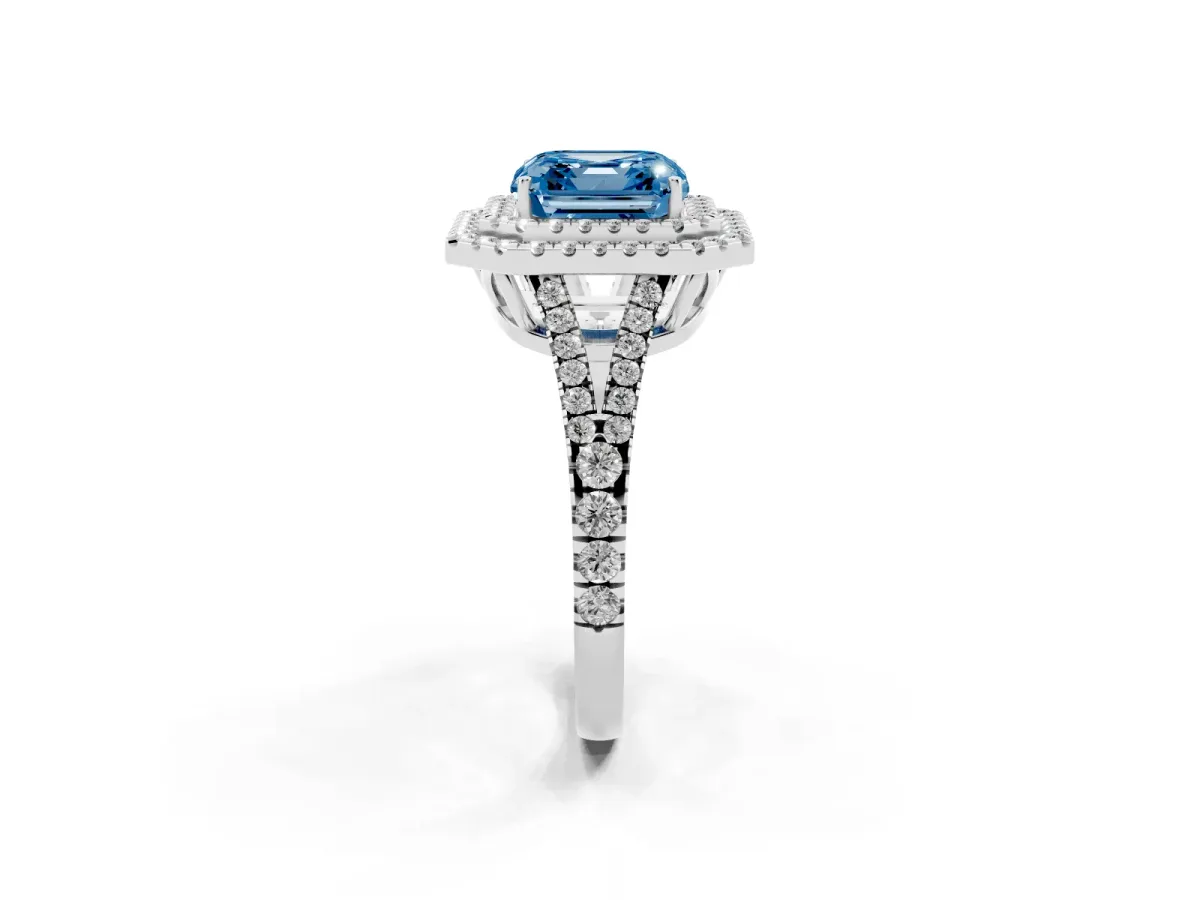 Fancy Blue Asscher Cut Diamond Double Halo Ring with Pavé Band and Prong Setting Platinum